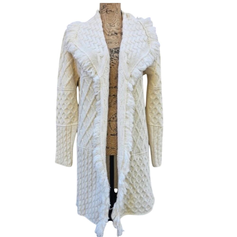 Cocogio white cream Ecru Cable Knit open front Fringed wool blend Cardigan Small